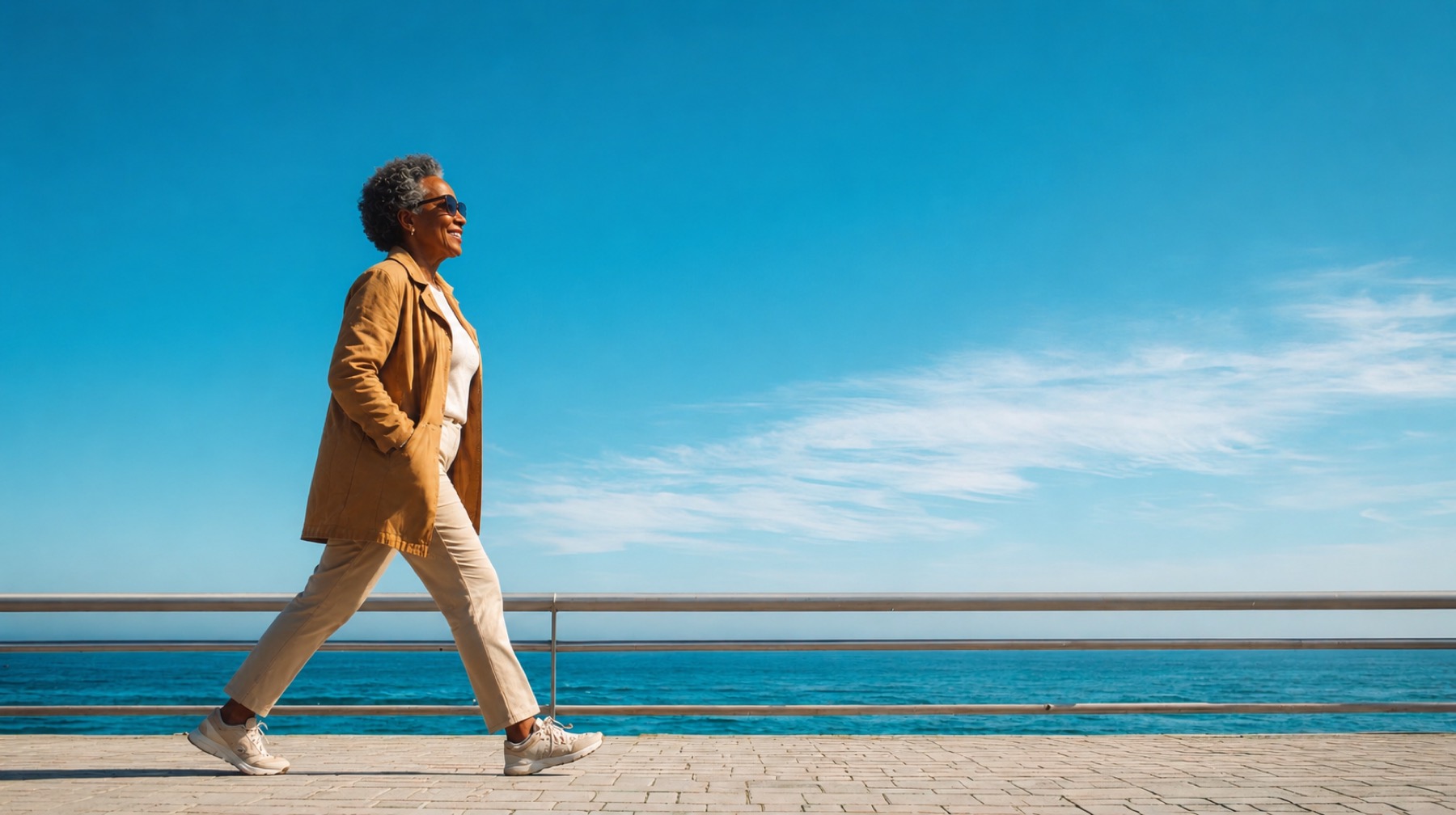 A woman walking by the sea